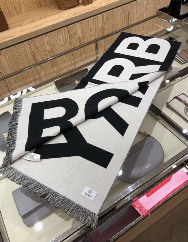 Burberry 80542141 徽標字母雙面羊毛緹花圍巾  黑白雙色 
