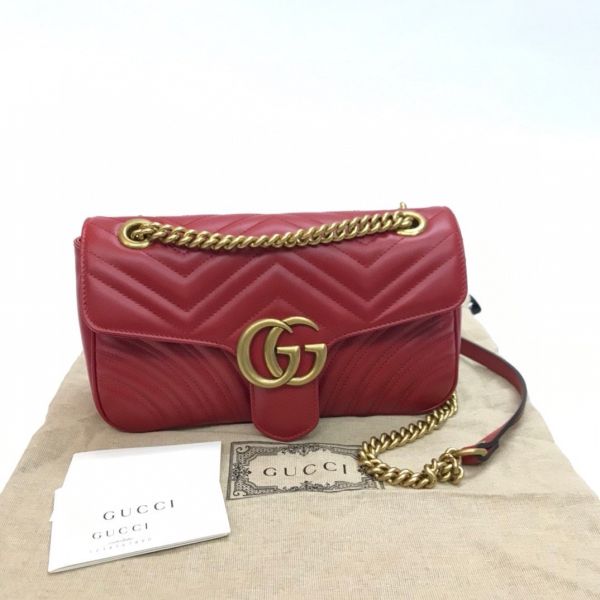 Gucci 443497 GG Marmont 小款 26公分雙G 金鍊包     紅色 