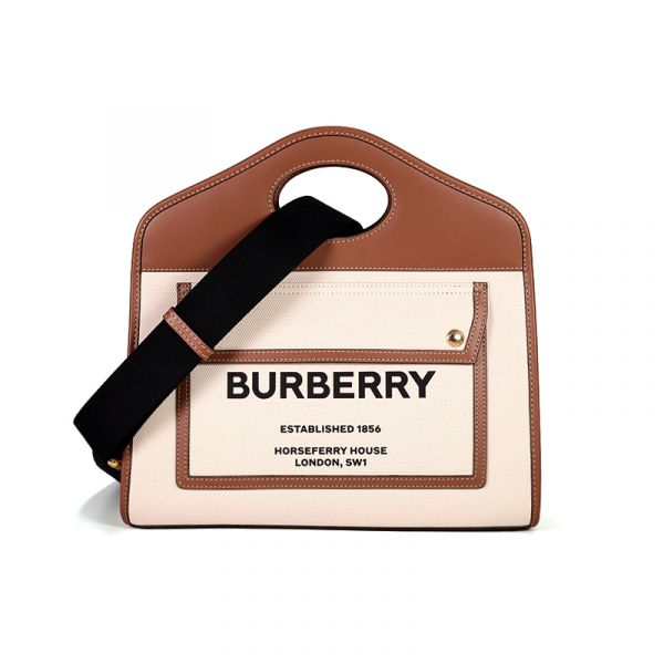 Burberry 80367841 小款雙色調帆布拼皮革 Pocket 包  帆布織帶肩帶  自然色/麥芽棕色 