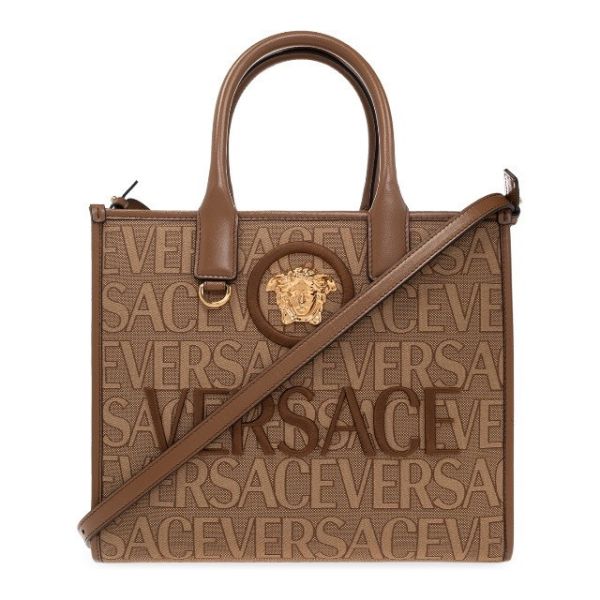 Versace Allover 緹花圖案和皮革飾邊小款托特包  雪茄棕 