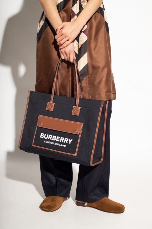 Burberry 80557471 雙色調帆布及皮革中型 Freya  包    黑色/棕色 
