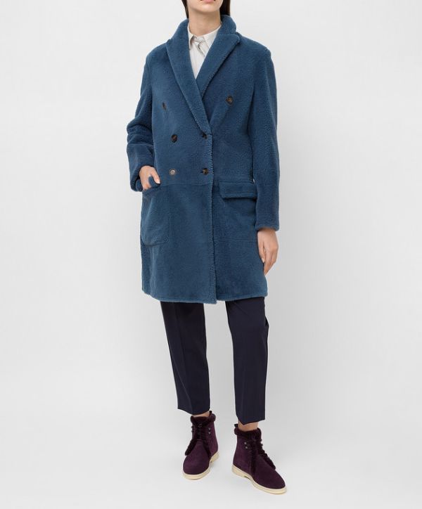 Brunello Cucinelli  喀什米爾之王 女款羔羊皮雙排釦短外套大衣  IT 38XS 孔雀藍 