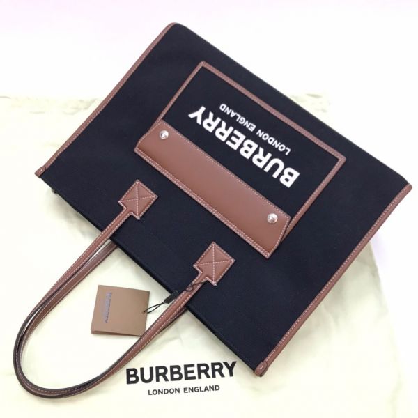 Burberry 80557471 雙色調帆布及皮革中型 Freya  包    黑色/棕色 