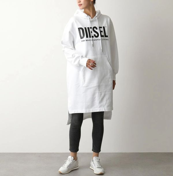 Diesel 女款不對稱剪裁連帽衛衣連衣裙連帽衫 白色 XXS/S/M/L/XL 