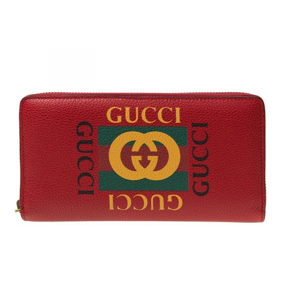 Gucci  496317 中性款復古圖紋小牛皮拉鍊長夾/錢包  紅色 