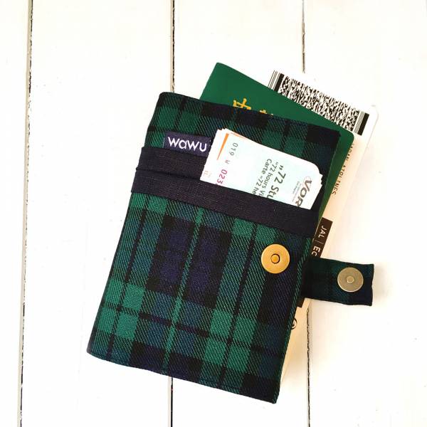 護照套+扣帶 (深藍綠格)  接單生產* 護照套,passportcase,パスポートケース
