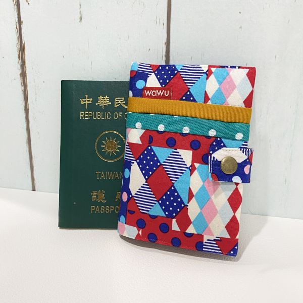 護照套+扣帶 (繽紛幾何藍)  接單生產* 護照套,passportcase,パスポートケース