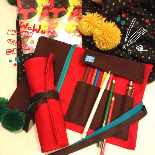 筆捲, 捲軸式筆袋 (紅色帆布) 筆捲,工具袋,筆袋,餐具袋,卷軸式筆捲