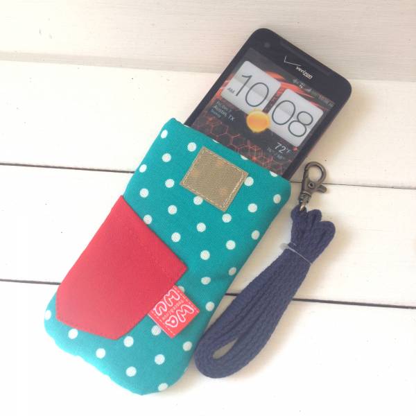 鈕釦造型手機袋 (湖水綠點) (附繩) 接單生產* 手機袋,phonebag,携帯カバー,手機包