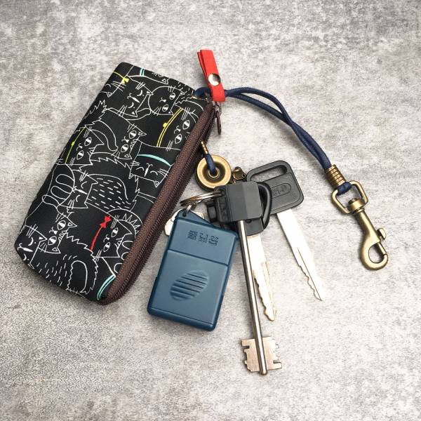 拉鍊鑰匙包 (夜貓子 - 咖啡拉鍊) 日本布 接單生產* 鑰匙包,keyholder,鑰匙收納,キーケース,kyecase,隨身小包,客製化