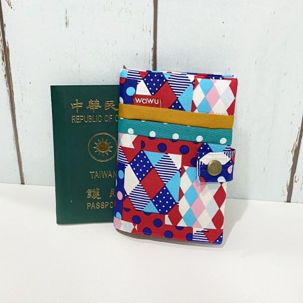 護照套+扣帶 (繽紛幾何藍)  接單生產* 護照套,passportcase,パスポートケース