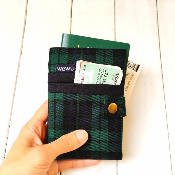 護照套+扣帶 (深藍綠格)  接單生產* 護照套,passportcase,パスポートケース
