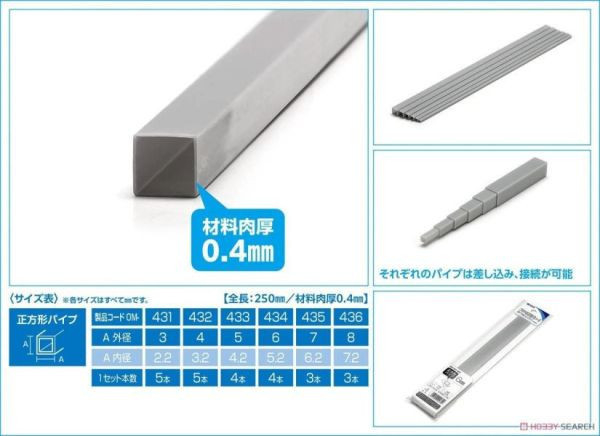 WAVE OM-433 塑膠材料 正方形管(灰) 5mm(4支入) 