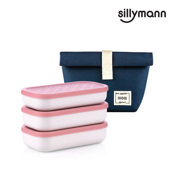 【韓國sillymann】  PP保鮮餐盒三件組 (100%鉑金矽膠上蓋)(粉) 