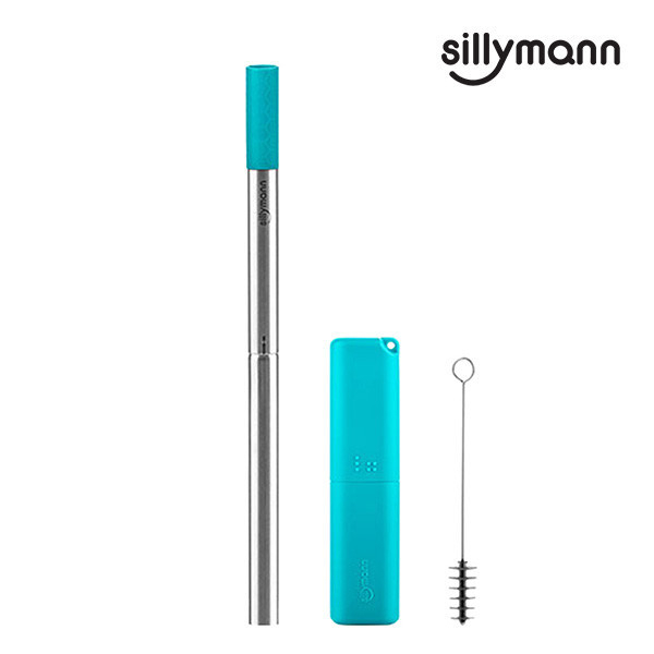 【韓國sillymann】 100%鉑金矽膠攜帶型不銹鋼珍珠吸管套裝(藍) 