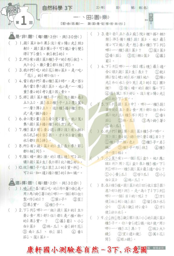 康軒國小 測驗卷 112下 國小1~6年級 國語 數學 生活 自然 社會 雙面試題 附解答 