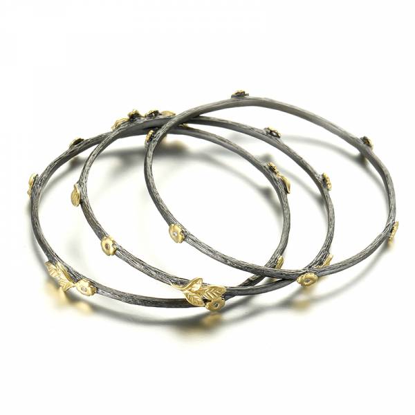 烏金雙色金桂冠環鋯石手環一式三件 鋯石手環,三件式手環,鍍14K金手環,烏金手環