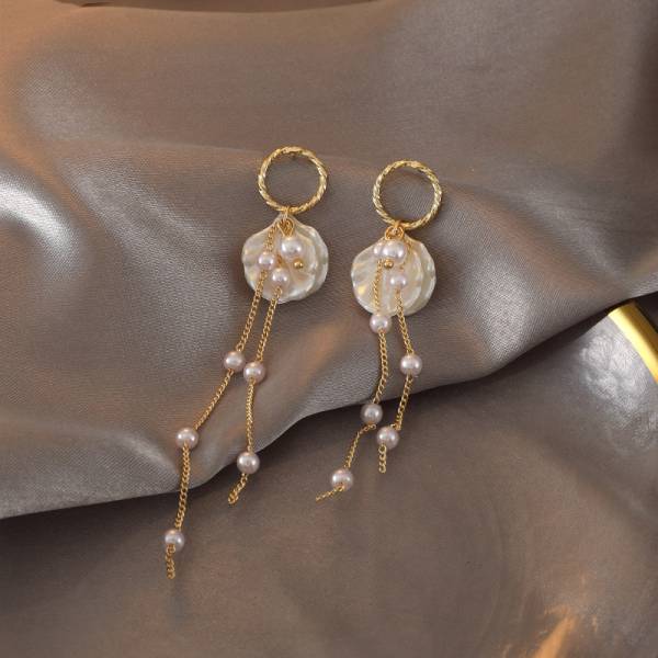 珍珠花瓣長款流蘇耳環 耳環,貼耳式耳環,垂墜式耳環,夾式耳環,耳骨夾