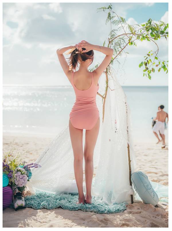韓版公主粉色連身三角性感泳衣 連身遮肚泳衣