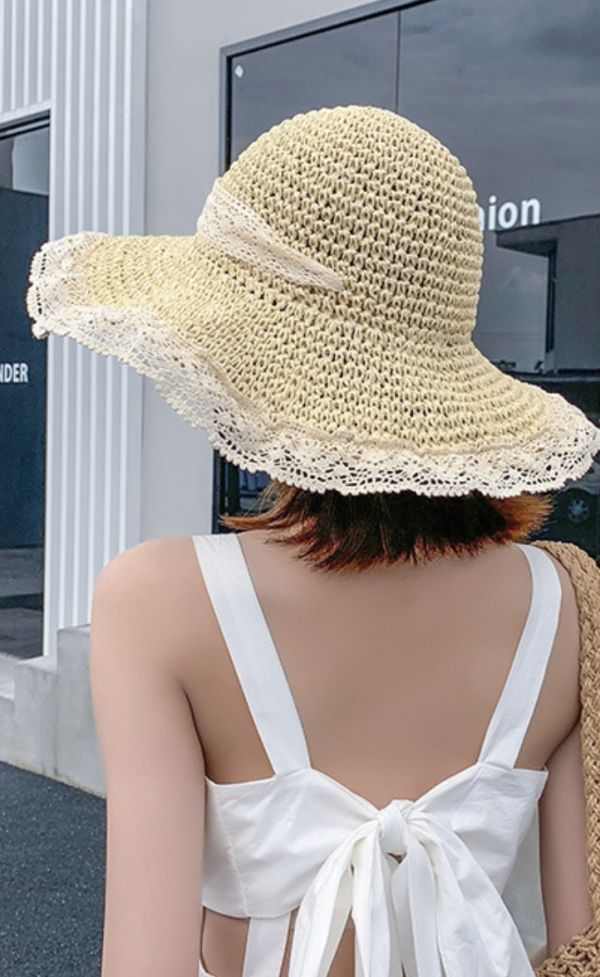 編織蕾絲邊綁帶草帽(米白) 草帽,遮陽帽