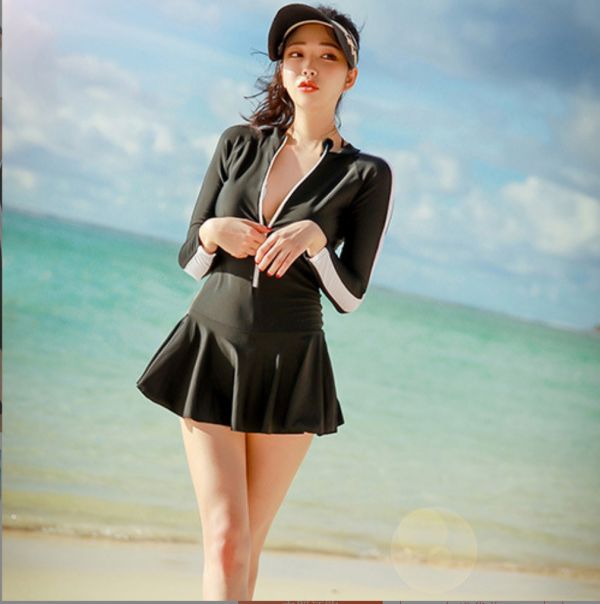 韓版長袖連身裙式泳衣 長袖防曬泳衣