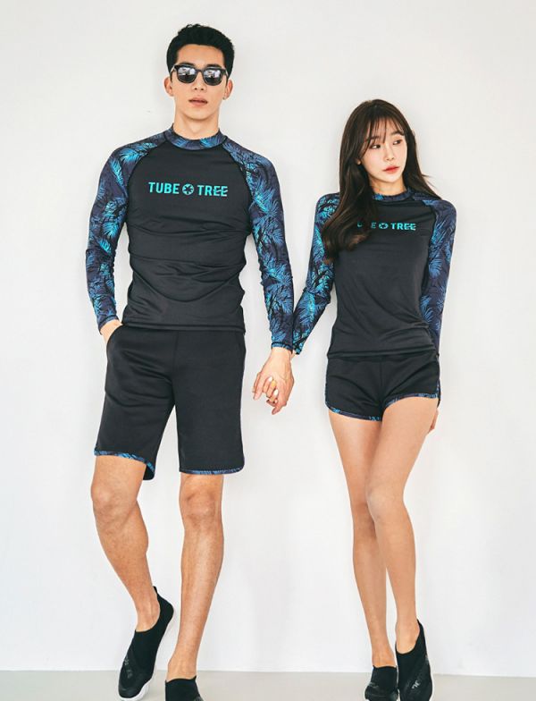 韓版情侶黑底綠字母防曬水母衣泳衣 情侶款泳衣,男款泳褲,泳裝