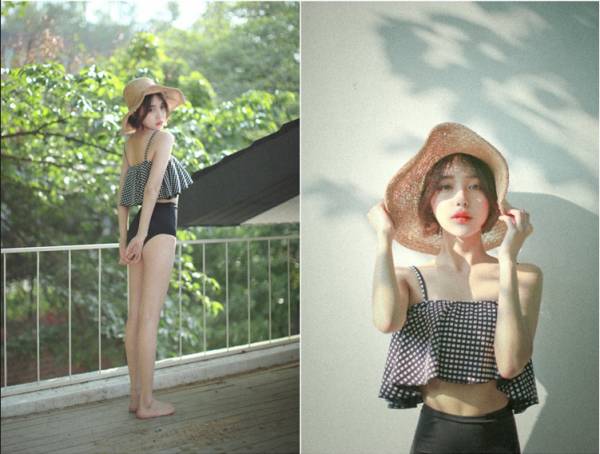 韓版復古款荷葉邊高腰兩截式泳衣 兩色 比基尼,泳裝,泳衣