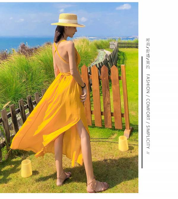 黃色氣質美背度假長洋 渡假洋裝,長裙