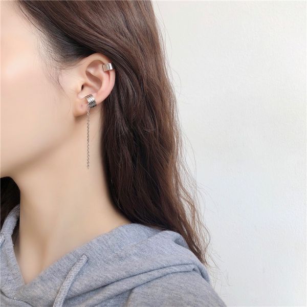 鍊條耳骨夾兩件組-銀 耳環,貼耳式耳環,垂墜式耳環,夾式耳環,耳骨夾
