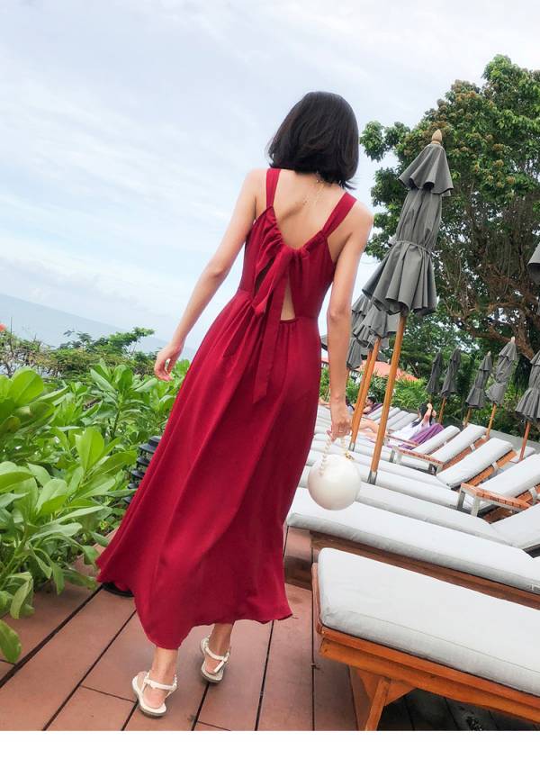 紅色性感美背渡假洋裝 渡假洋裝,長裙