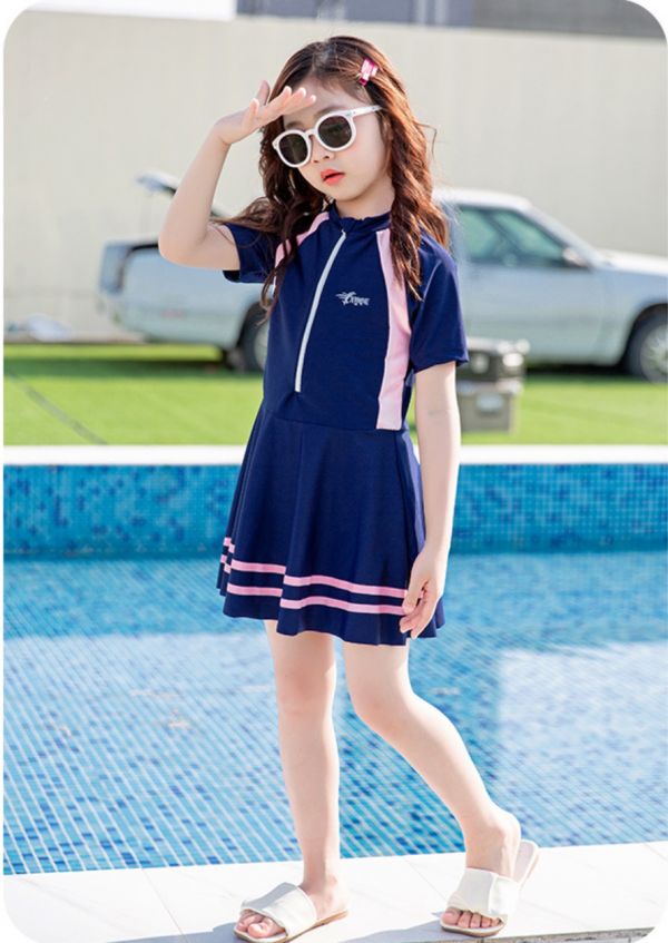 韓版大童女孩拼色裙式泳衣 兒童泳裝,女童,兒童泳衣