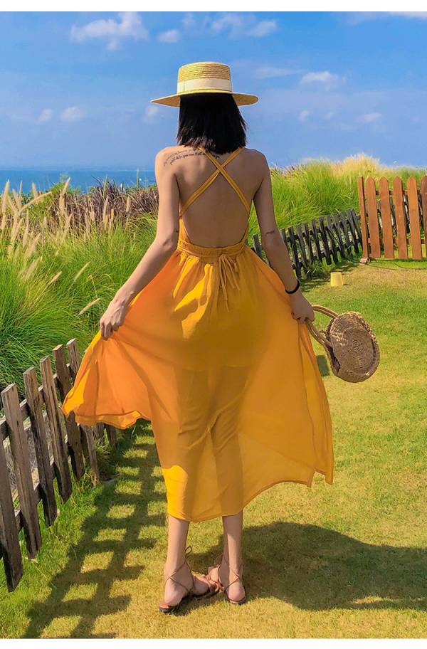 黃色氣質美背度假長洋 渡假洋裝,長裙