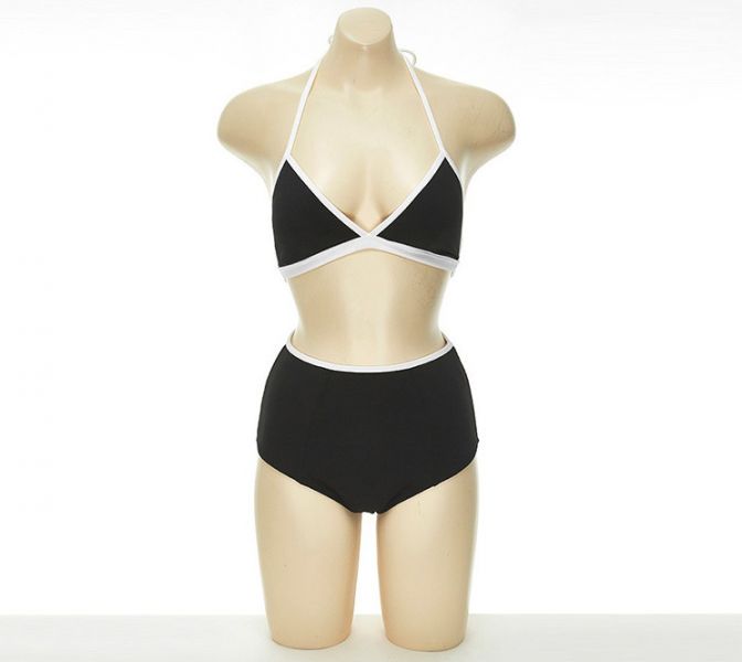 無鋼圈白色滾邊高腰兩截式泳衣(黑) 比基尼,泳裝,泳衣