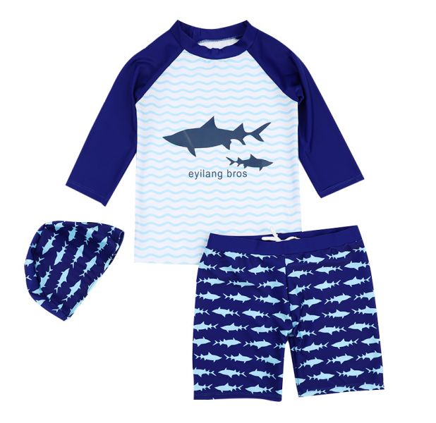 兒童長袖鯊魚泳衣附泳帽 兒童泳裝,男童,兒童泳衣