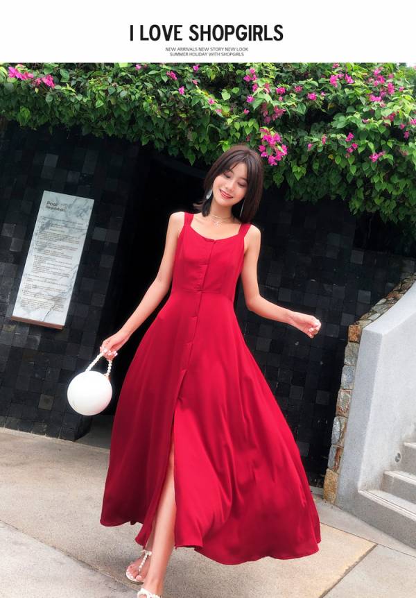 紅色性感美背渡假洋裝 渡假洋裝,長裙