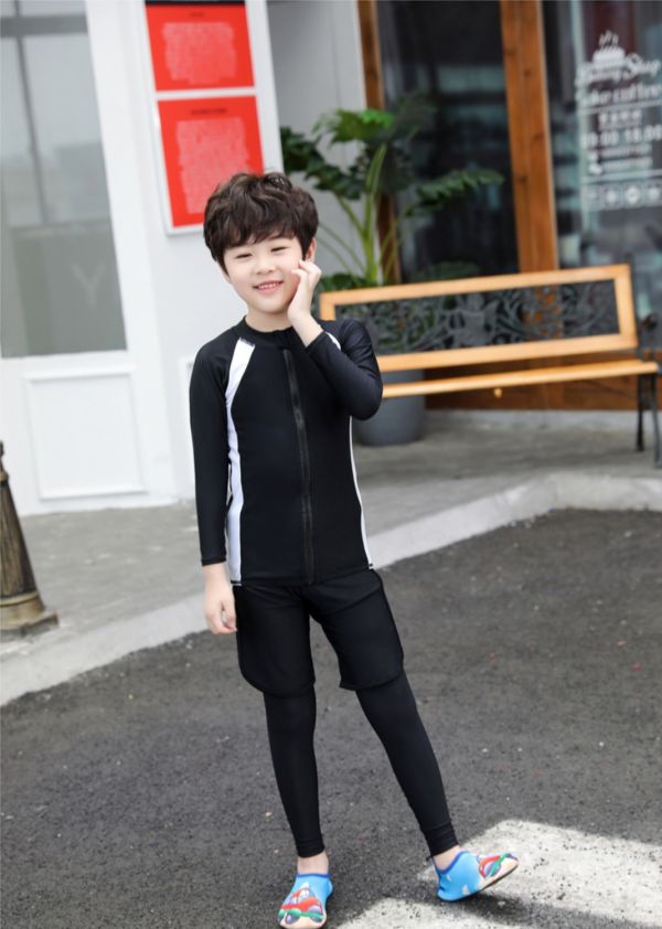 韓版兒童長袖白邊防曬泳衣三件式 兒童泳裝,男童,女童,兒童泳衣,長袖