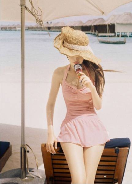 韓版粉色連身裙 連身遮肚泳衣