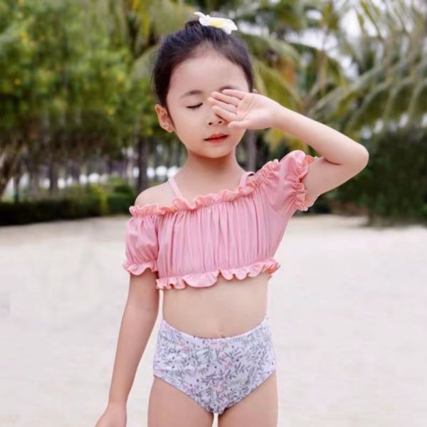 兒童粉色一字領兩截式泳衣附泳帽 兒童泳裝,女童,兒童泳衣