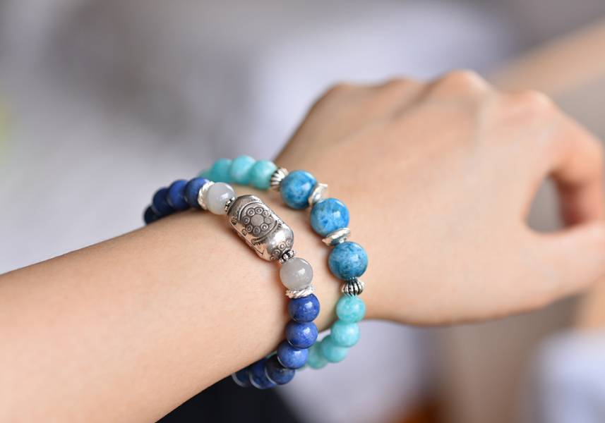 藍線石+雙色月光石+天河石+純銀花朵銀飾手鍊 藍線石,月光石,天河石,水晶,水晶手鍊