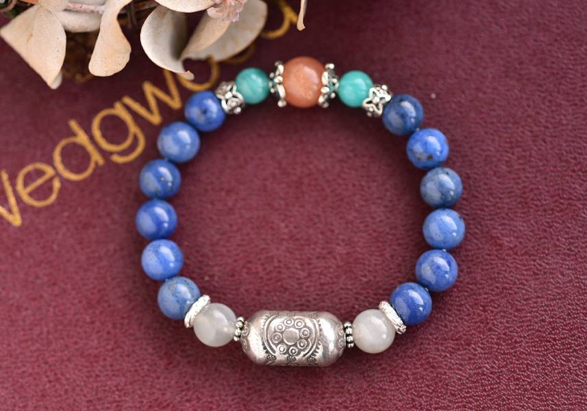藍線石+雙色月光石+天河石+純銀花朵銀飾手鍊 藍線石,月光石,天河石,水晶,水晶手鍊