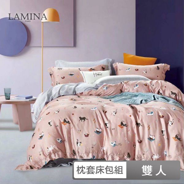 LAMINA  加大 快樂時光-粉  100%萊賽爾天絲枕套床包組 100%萊爾賽天絲,枕套床包組,台灣製造,加大