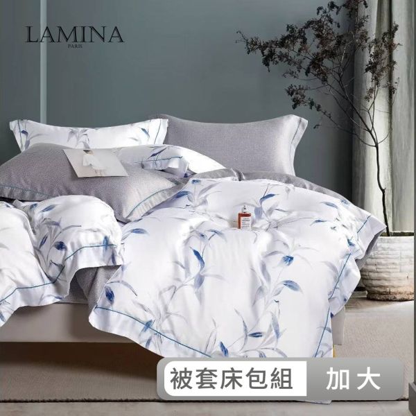 LAMINA 梅芳竹清-藍 加大 頂級60支100%天絲四件式兩用被套床包組(多款任選) 天絲床包組,被套床包組,天絲被套床包組
