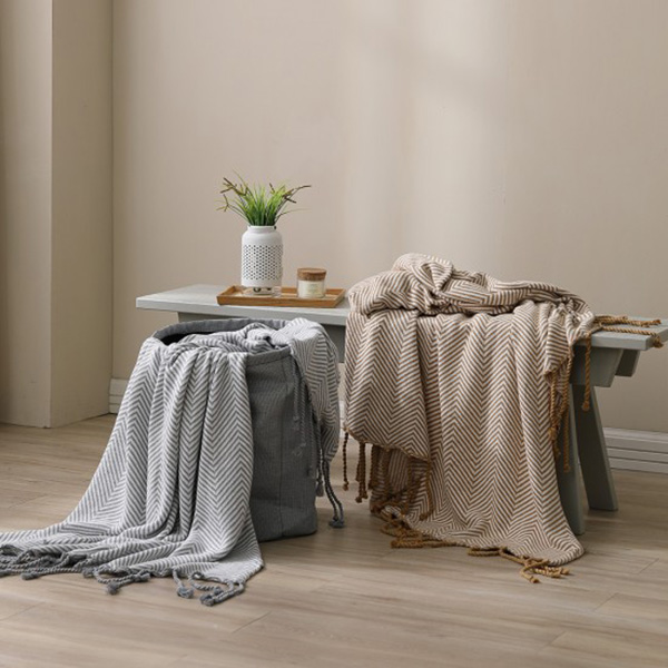 Cozy inn 極簡人字紋流蘇萬用針織毯-卡其 純棉毯,純棉針織毯,冬毯,流蘇針織毯