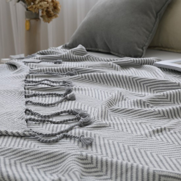 Cozy inn 極簡人字紋流蘇萬用針織毯-灰 純棉毯,純棉針織毯,冬毯,流蘇針織毯