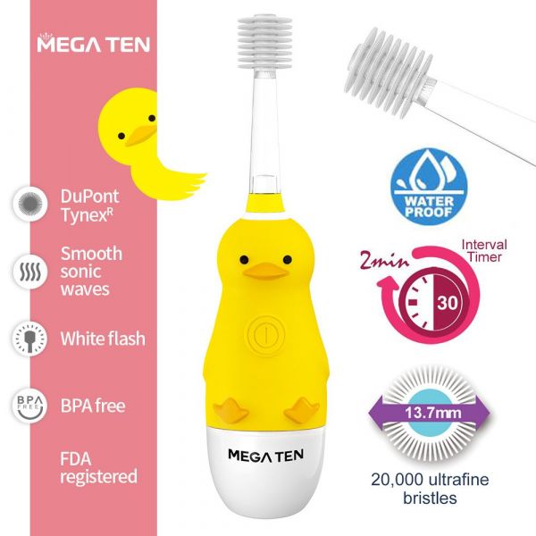 【VIVATEC】MEGA TEN 360兒童電動牙刷(可愛小鴨) megaten,vivatec,360牙刷,360電動牙刷,兒童電動牙刷,sonic電動牙刷,聲波電動牙刷,幼童牙刷,360度牙刷,動物牙刷