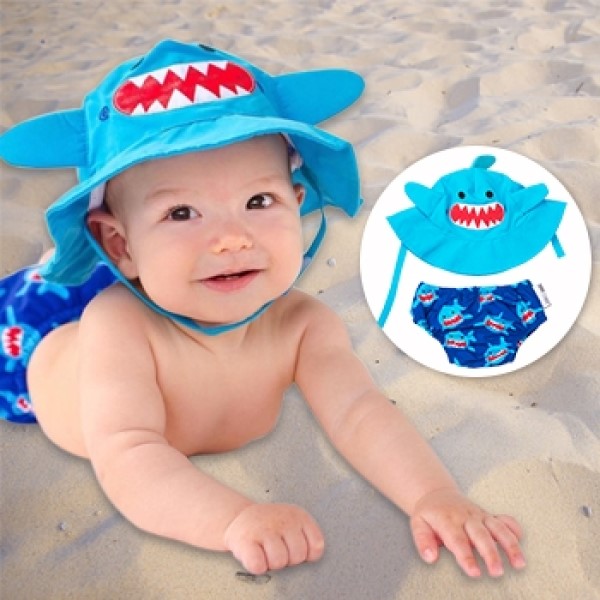 ZOOCCHiNi可愛動物尿布泳褲+遮陽帽/防曬帽-鯊魚(1-2y) 