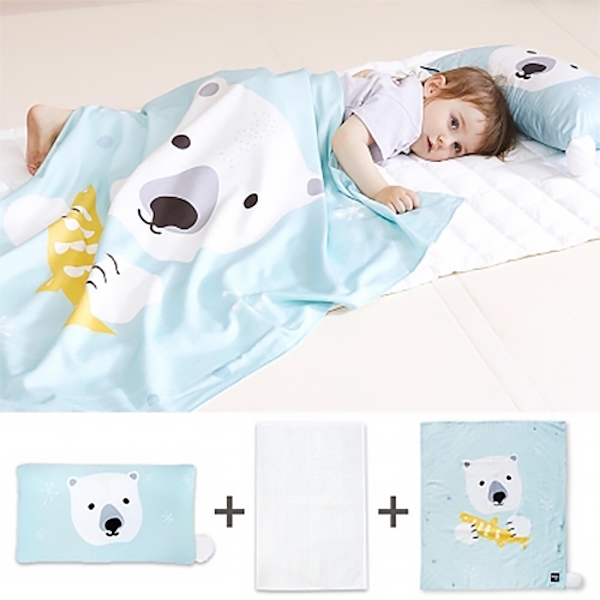 GGUMBI/MIMIRU 竹纖維防蟎透氣睡墊三件組 (童枕+涼被+涼墊) - 小熊 