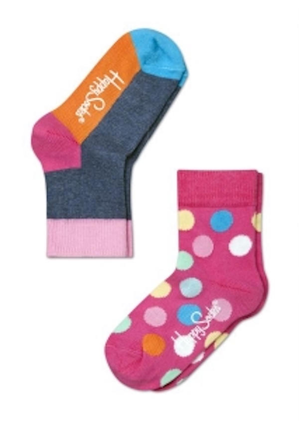 Happy Socks 繽紛彩點拼接襪子2入【粉藍黃色】-(2-3y) 