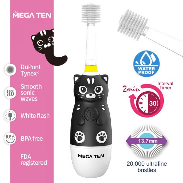 【VIVATEC】MEGA TEN 360兒童電動牙刷(小黑貓) megaten,vivatec,360牙刷,360電動牙刷,兒童電動牙刷,sonic電動牙刷,聲波電動牙刷,幼童牙刷,360度牙刷,動物牙刷