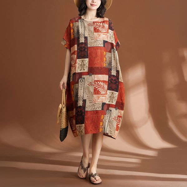 洋裝 - K7812 民族風．橘紅圖騰寬鬆洋裝【加大F】 